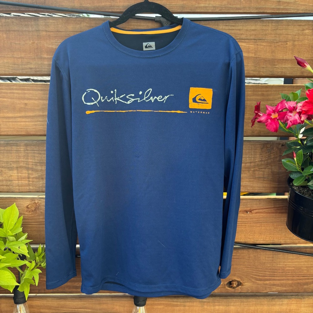 Quiksilver Waterman Sun Shirt Mens Small Blue Long Sleeve Good Rash Guard